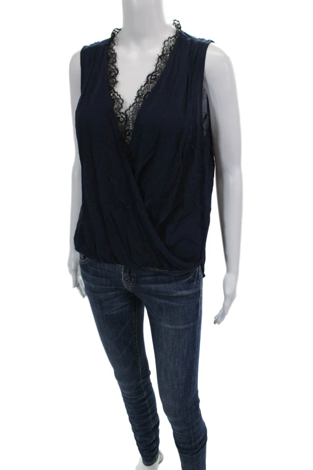 Velvet by Graham & Spencer Womens Sleeveless V Neck Lace Trim Blouse Blue Size S - Image 2 of 4