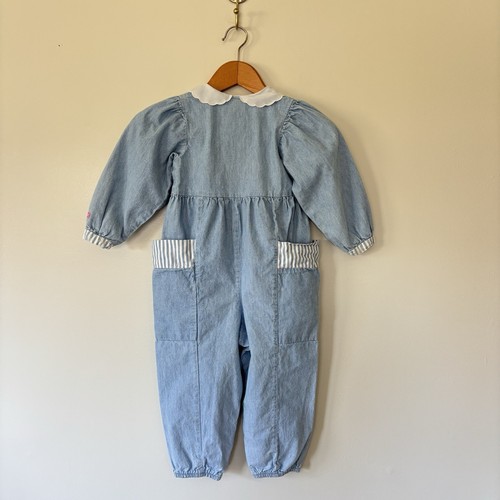 Vintage Oshkosh Denim Bubble Jumpsuit Romper 4T Peterpan Collar Pockets USA 90s - Picture 9 of 24