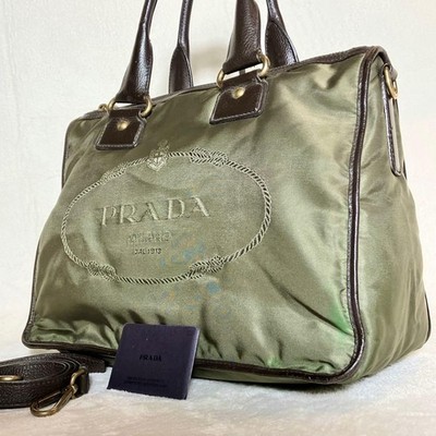 PRADA Logo Jacquard 2way Tote Bag Nylon Triangle Green Women's Used From Japan