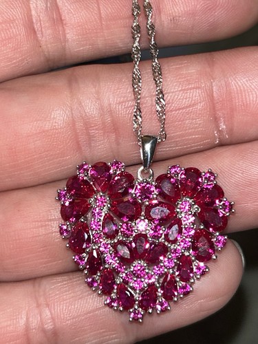 Stunning New Bbj 925 Sterling Sliver Huge Ruby Pave Heart Pendant Necklace
