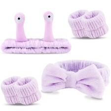 Spa Headband and Wristband Set Skincare Makeup Bowknot Snail Purple