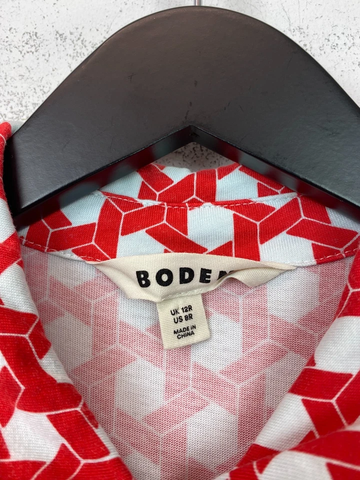 Boden White Geometric Midi Shirt Dress Short Sleeve Belted Cotton Blend UK 12R - Image 2 of 4