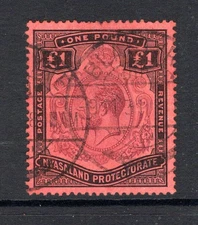 (941)     Nyasaland KGV 1913-21 (Wmk MCA) £1. Purple & Red/Black SG98 Used