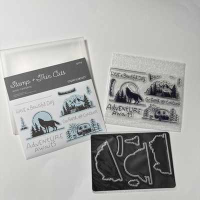 CTMH Aurora Cardmaking Stamp Thin Cut Die Set Camper Adventure Wolf Canoe Forest