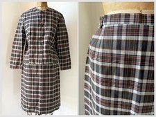 True Vintage Mid Century Plaid Suit 2 Piece Set Skirt Jacket XS/S