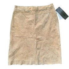 New Brandon Thomas Genuine Suede Leather Beaded Pencil Skirt Beige Tan Size 14