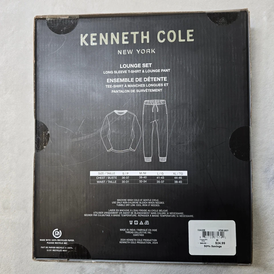 Kenneth Cole Lounge Set Mens Medium Long Sleeve T-Shirt Jogger Pant Grey NEW - Image 2 of 3