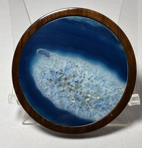 Vintage Polished Blue Agate Inlaid 6-Coaster Set w/ Wooden Holder, Complete - Picture 17 of 19