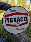 VINTAGE DOUBLE SIDED TRUST TEXACO PRODUCTS PORCELAIN GAS STATION SIGN 24"