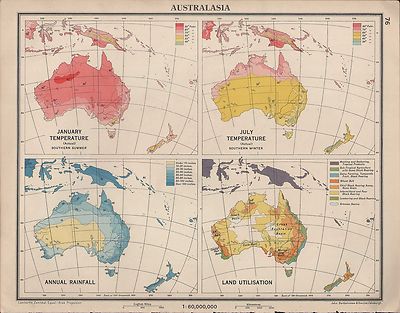 1939 Landkarte ~ Australia Januar & Juli Temperatur Land Nutzung Annual Rainfall
