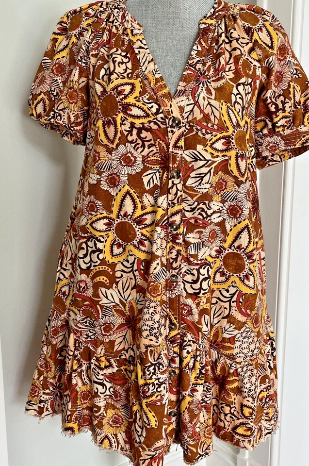 Anthropologie Pilcro Puff Sleeve ALine Tunic Dress Brown Yellow Floral