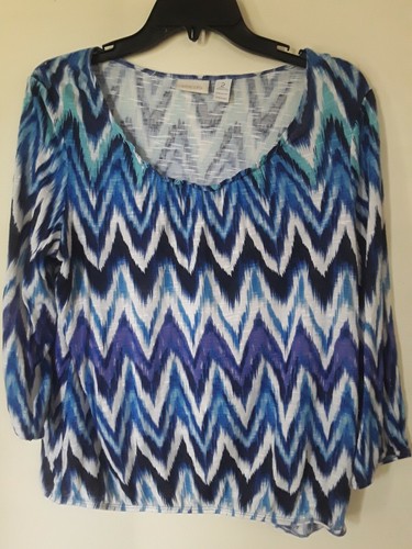 Blouse/tunique CHICO'S – Imprimé Géométrique Multicolore, Manches 3/4 – Taille 2 Large, Occasion Parfait état