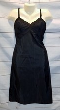VTG 60's Sears 36 Avg Black Full Slip Lace Bust Floral Applique Side Zipper Zip