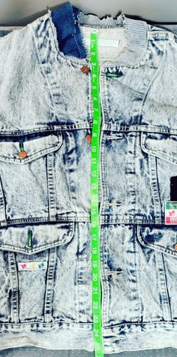 Code Bleu 90's Blue Denim Jean Jacket Large Acid Wash Distressed knit Collar - Picture 8 of 21