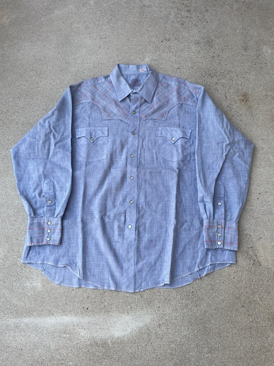 Vintage 60's/70's Western Chambray Pearl Snap Plaid Striped Blue