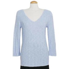 DANA BUCHMAN Cerulean Blue White Melange Rayon Cable Reversible Sweater XL $195