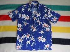 VTG 70s 80s Paradise Found Hawaiian Rayon Blue Floral Iris USA Button Shirt L