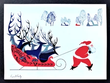 1 Eyvind Earle Christmas Card Santa Pulling Reindeer In Sleigh MMA Met Museum