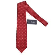 Drake's NWT Neck Tie in Orangey Red with Blue & White Mini Circles 100% Silk