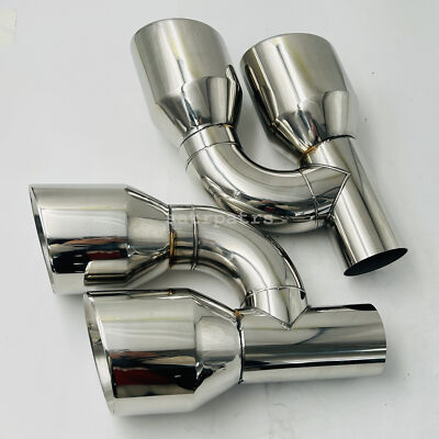 Pair Offset 2.5'' In Quad 4'' Out Dual Wall Exhaust Tips Stainless Steel Slant Cut