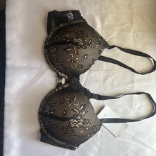Affinitas bra 36C black and nude lace details Front clasp NWT