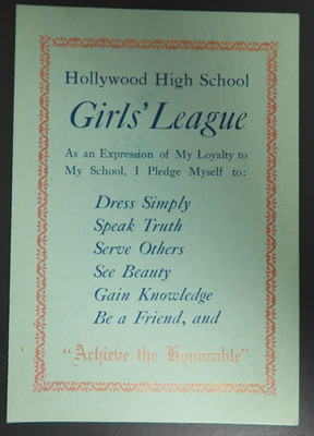 Hollywood High School Girls' League Expression of Loyalty Card Pledge Honorable