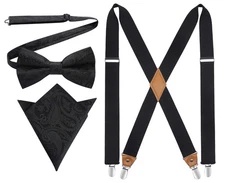Black Bow Tie and Suspenders for Men with Pocket Square Elastic X-Back Adjust...
