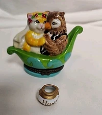 Vintage Trinket Box Owl And Cat Bride & Groom In Genie Lamp