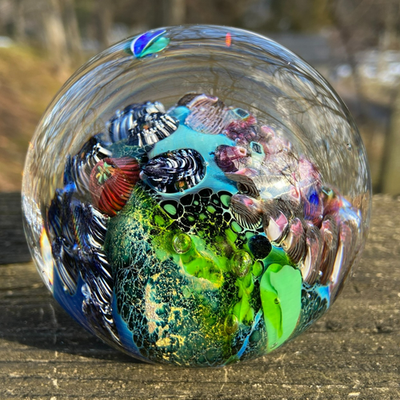 #ad Josh Simpson Inhabited Planet Studio Art Glass Paperweight 3quot; D dated 2008 $225.00