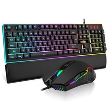 RedThunder K10 Wired Gaming Keyboard and Mouse Wrist Rest Combo, Black