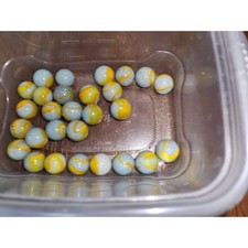 28 Vintage Glass Marbles Blue Yellow Green LOT N