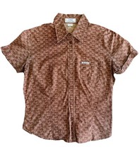 Vintage GUESS USA Mens L Geo Print Button Up Shirt Brown Cotton Made Hong Kong