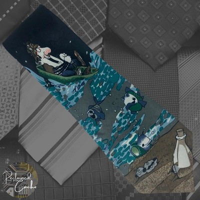 Designs by A. Rogers Cartoon Fisherman Boat Sea Fish Fishing Pointed Necktie Tie