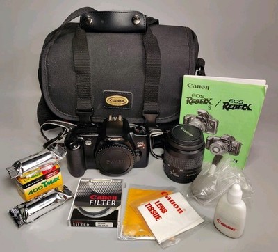 Canon EOS Rebel X S 35mm Film SLR Camera Bundle Extras 35-80mm Zoom Lens Tested