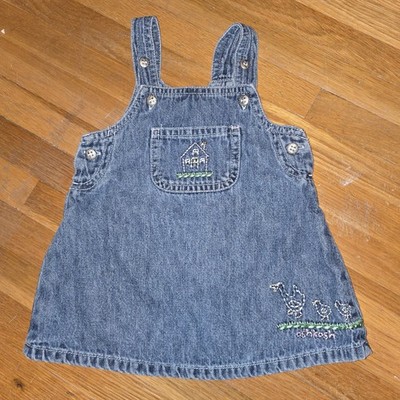 Vintage Oshkosh B gosh Baby Girls Clothes SZ 3-6M Denim Blue Jean Overall Dress