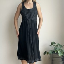 Ridley Women's Small Black Textured Vintage Round Neck Waist Tie Midi Dress