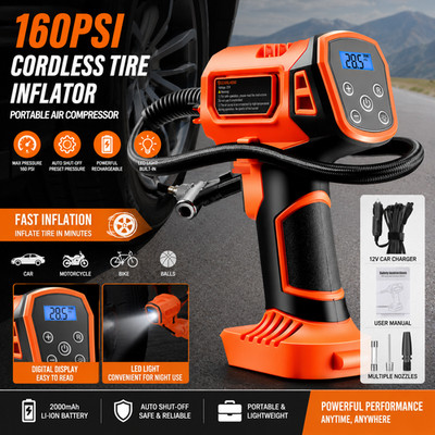 Handheld 160PSI Tire Inflator Air Compressor Portable Car Pump w/ 3 Light Modes