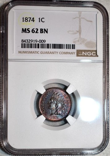 NGC MS-62 BN 1874 Indian Head Cent, Attractively Toned, Tougher Date!