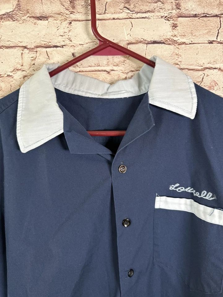 Vintage Gabardine Chain-Stitched Bowling Shirt Navy Blue Rockabilly L/ XL - Image 4 of 4