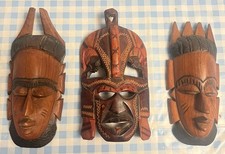 x3 Ethnic Hand Carved Wooden Tribal Masks H24cm