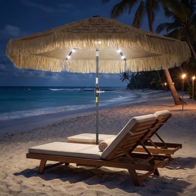 Outsunny 9 ft Tiki Outdoor Patio Umbrella with Solar Light, Tilt, Khaki