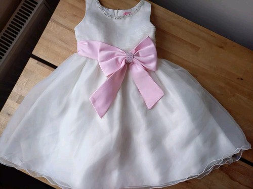 Pretty Lovely Pink Diamante Bow Cream Bridesmaid Tulle Layered Dress 3-4 yrs VGC - Picture 3 of 15