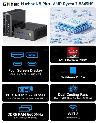 GMKtec K8 PLUS MINI PC R7 8845HS 7840hs Wins 11 Pro DDR5 5600Mhz PCIe4.0 M.2 - Picture 8 of 24