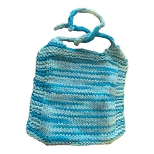 100% Cotton Baby Boy Bib Hand Knit Knitted Blue Shades NEW