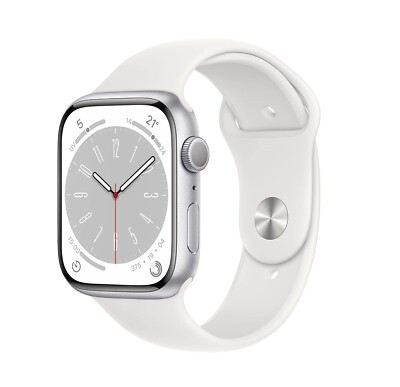 Apple Watch Serie 8 GPS 45mm Gehäuse Alu Silver Uhrenarmband Sport White MP6N3