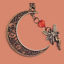 BRONZE FILIGREE MOON FAIRY PENDANT NECKLACE red luna fae crescent night 3G