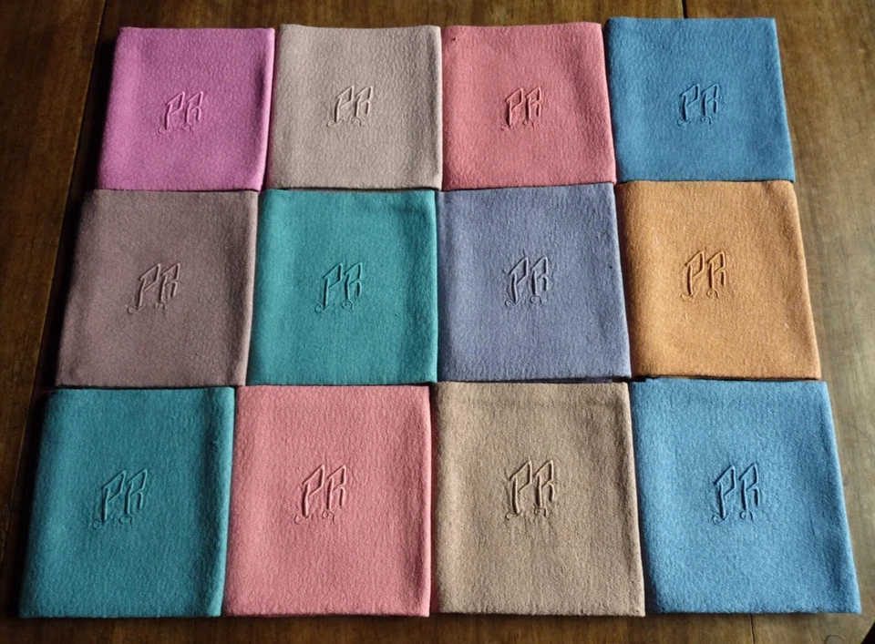 Nappe + 12 serviettes en damassé ancien teintes en multicolore monogramme PR - Photo 3/4