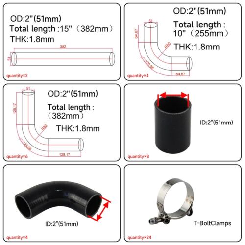 2'' 51mm Universal 12PCS Turbo Ladeluftkühler Rohrleitungen+ Silikonschlauch - Bild 6 von 11