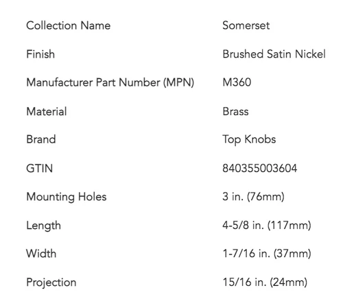 Top Knobs M360 Somerset 3" (c-c) Cup Cabinet Pull In Brushed Satin Nickel, New! - Picture 2 of 2