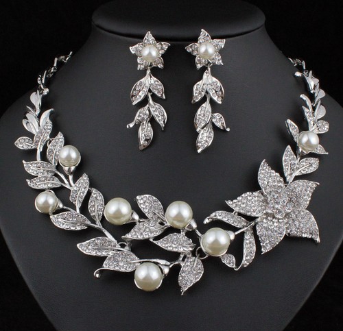 Sexy Flower Faux Pearl Austrian Rhinestones Bib Necklace Earrings Set Prom N924 - 第 1/5 張圖片